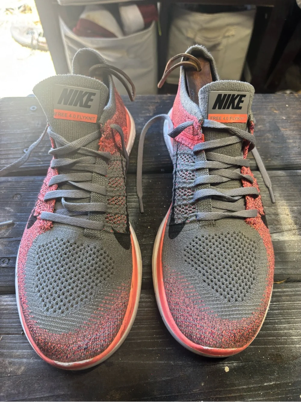 Nike Gray and Coral Flyknit Running Sneakers